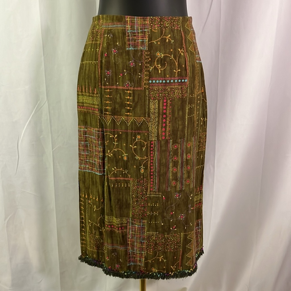 Vintage 90s Clio Olive Green Multicolor Batik Print Fringe Hem Midi Skirt
